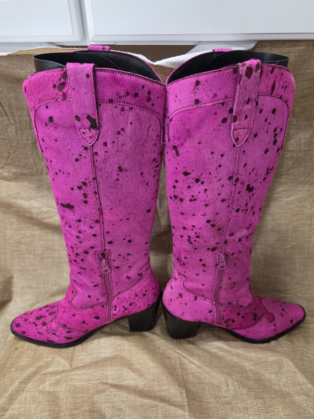 Nasty Gal Short Hair On Knee High Speckled Print Fuschia Cowboy Boots Size 7 - Picture 8 of 14